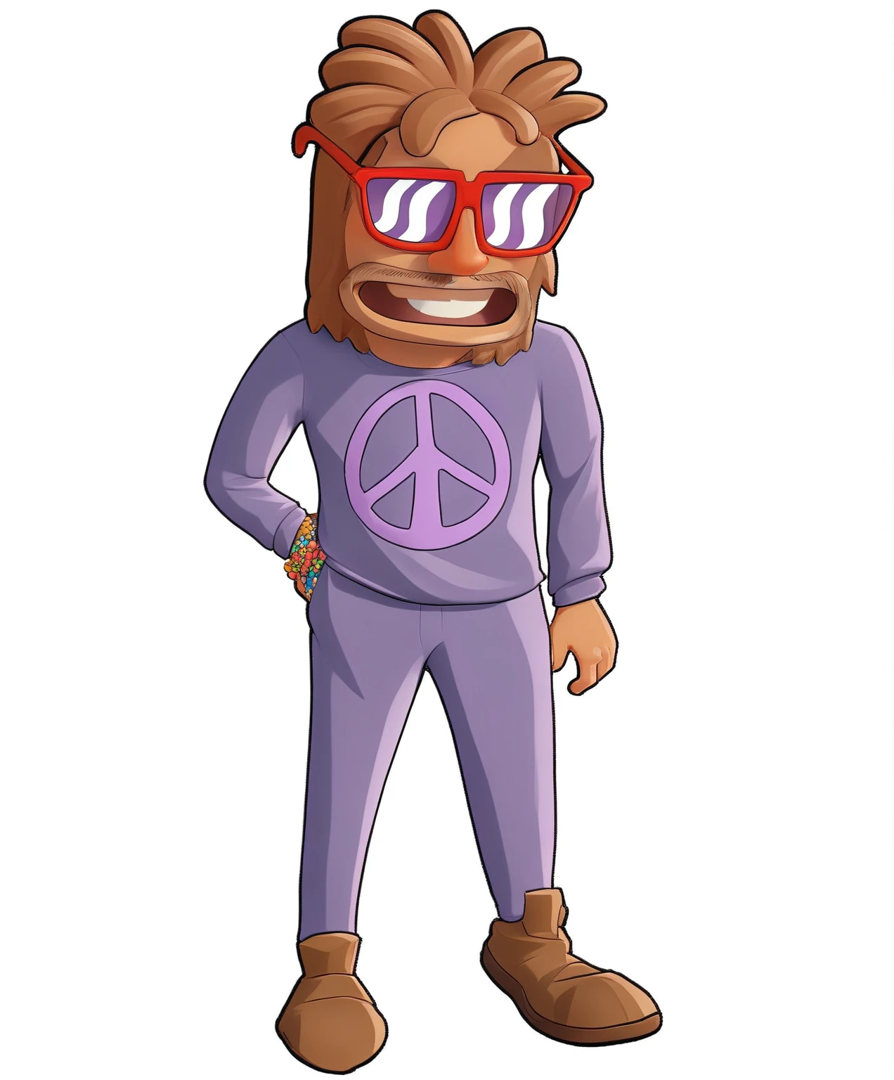cartoon hippie man with peace sign and glasses, wearing a purple sweatsuit, looking heckin cool and stylish, hippy, fursona wearing stylish clothes, guy using the purple fancy suit, anthropomorphic character, a portrait of the character, mascot illustration, merged character, bigfoot wearing sunglasses, technoviking male with no shirt, portrait of crazy post malone