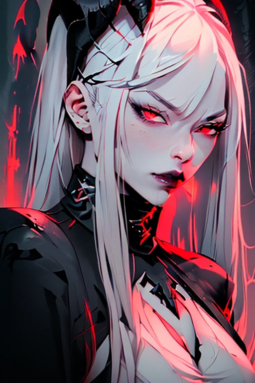 A woman with white hair and red eyes, two horns on her head.、thick lips、Straight nose、Hair length is semi-long、Slit eyes、Dressed in all black like in the movie Matrix、Vampire、