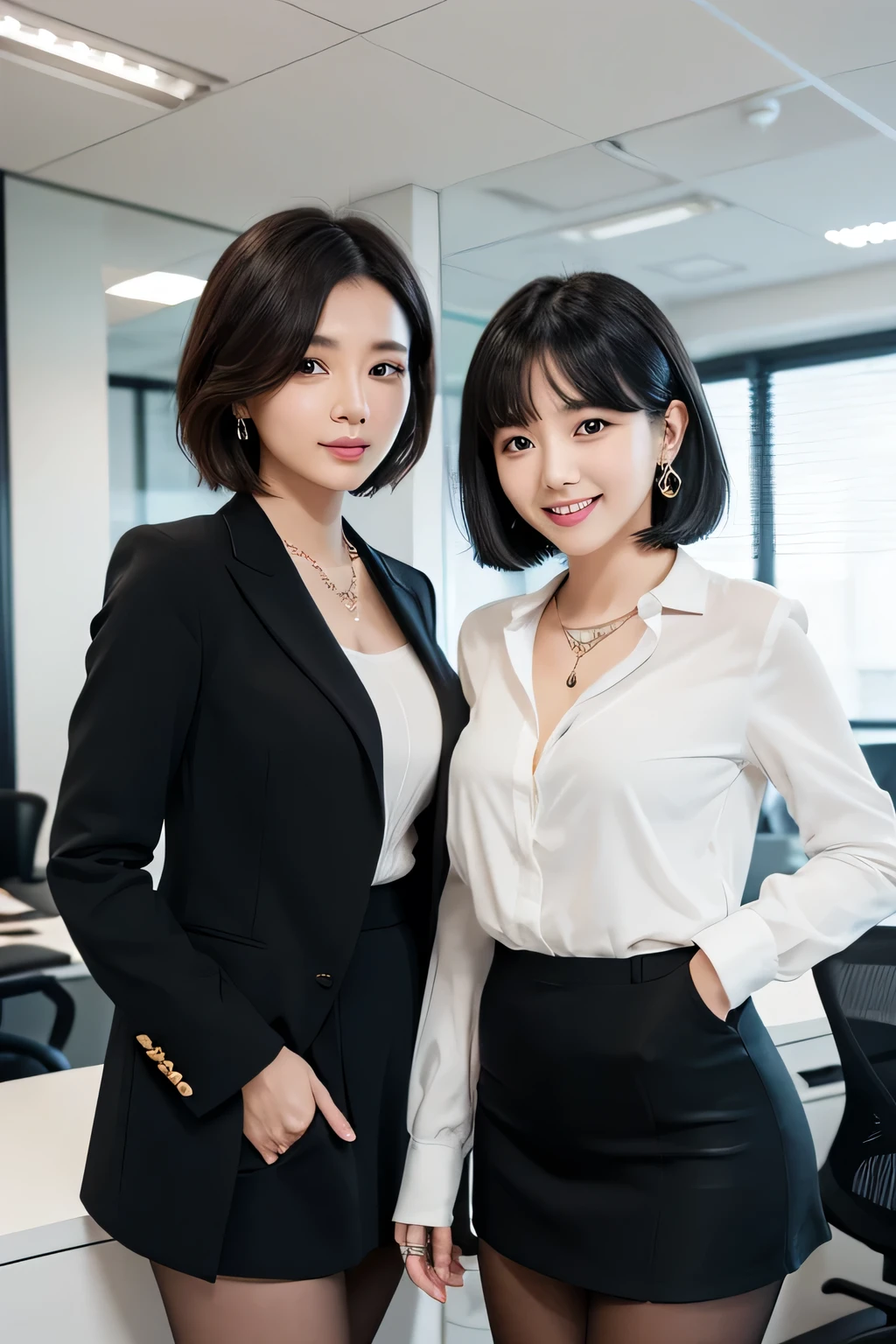 Beautiful young woman、Two women standing side by side in an office、 Black Hair、Necklace around the neck、Office Lady Suits、Jacket、Unbuttoned shirt、Knee-length skirt、tights、pumps、Full body photo、smile、Beautiful teeth alignment、short hair、Intricate details, Very detailed:1.2), 、 Looking into the camera,The background is the office、Necklace around the neck、Dark eyeliner、ear piercing
