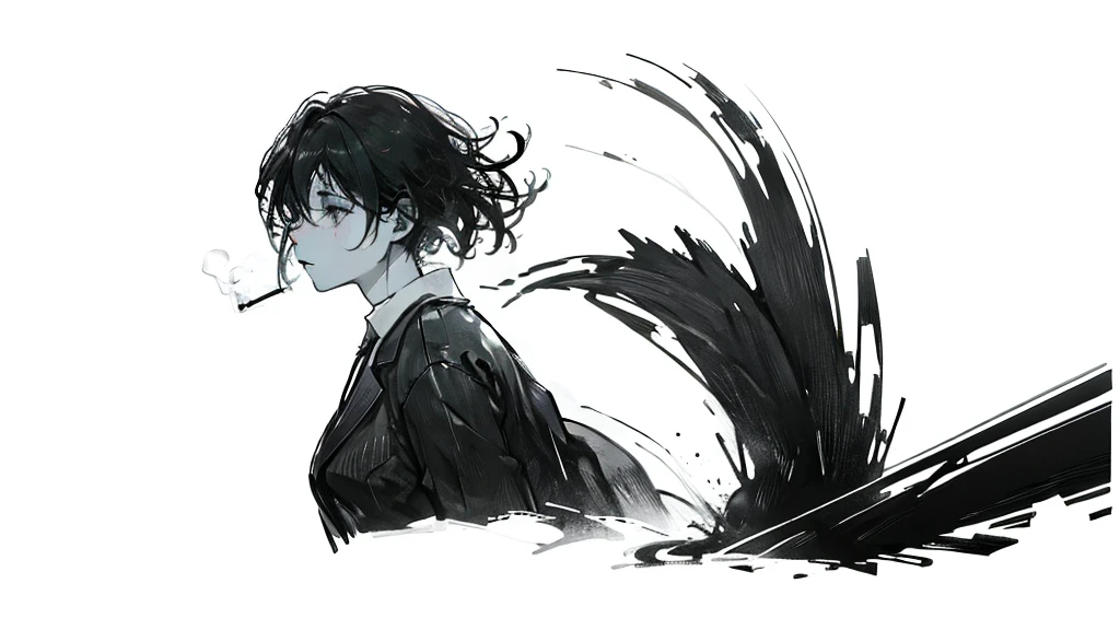 whole body、1 Female,alone,nice,she put a cigarette in her mouth, she cigarette a cigarette,cigarette,cigarette,Jet black background,silhouette,dark,darkness