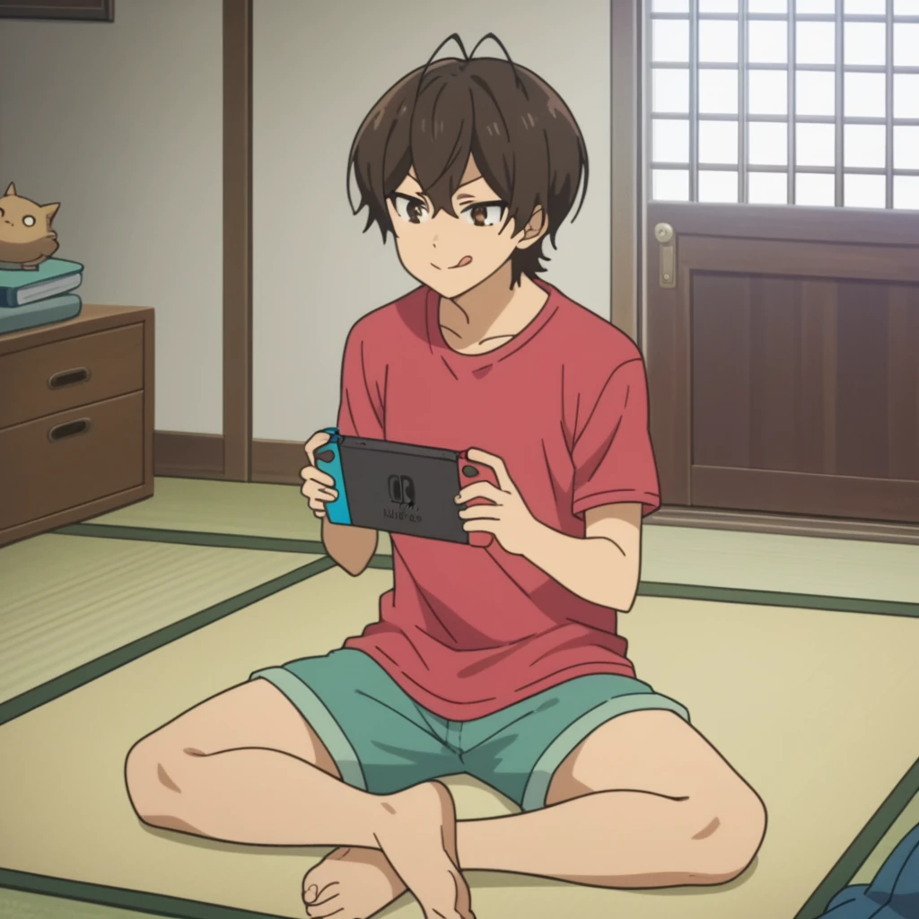 score_8_up, score_7_up, score_6_up, source anime, anime screencap, miwa, shirt, shorts, sitting, legs spread, knees bent, tatami mat, indoors, living room, holding nintendo switch, looking at nintendo switch, concentrating, closed mouth, tongue out, tongue,