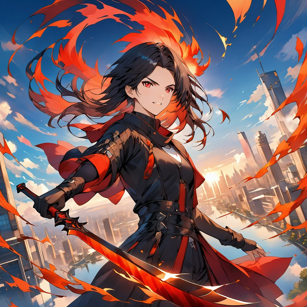 High quality, a 15-year-old boy holding a long sword, black blade, blade with various details, black hair, scarlet eyes, modern fantasy clothing, red aura, (City in the background).