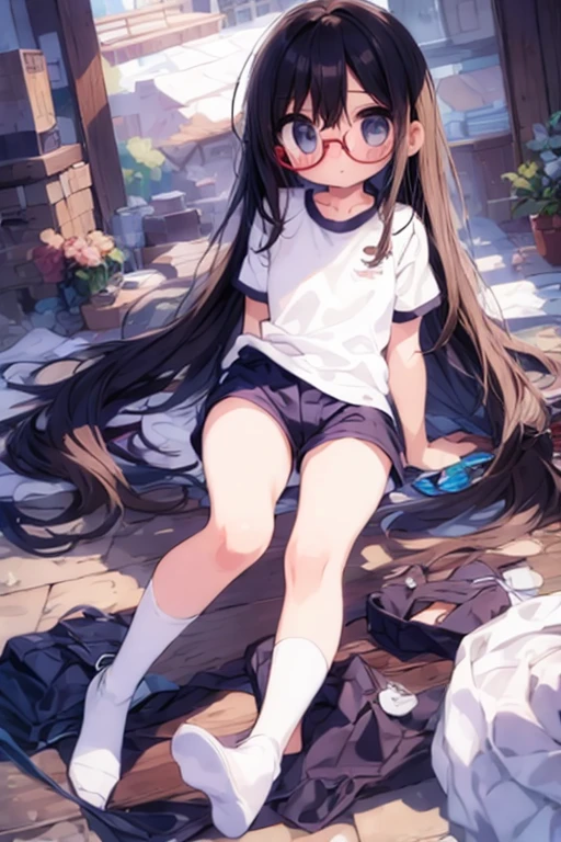 (Big red round glasses:1.3)、(Timid girl、blush、Watery eye:1.2)、Long black hair、White short sleeve shirt、Navy blue shorts、body操服、 body、Flat body
