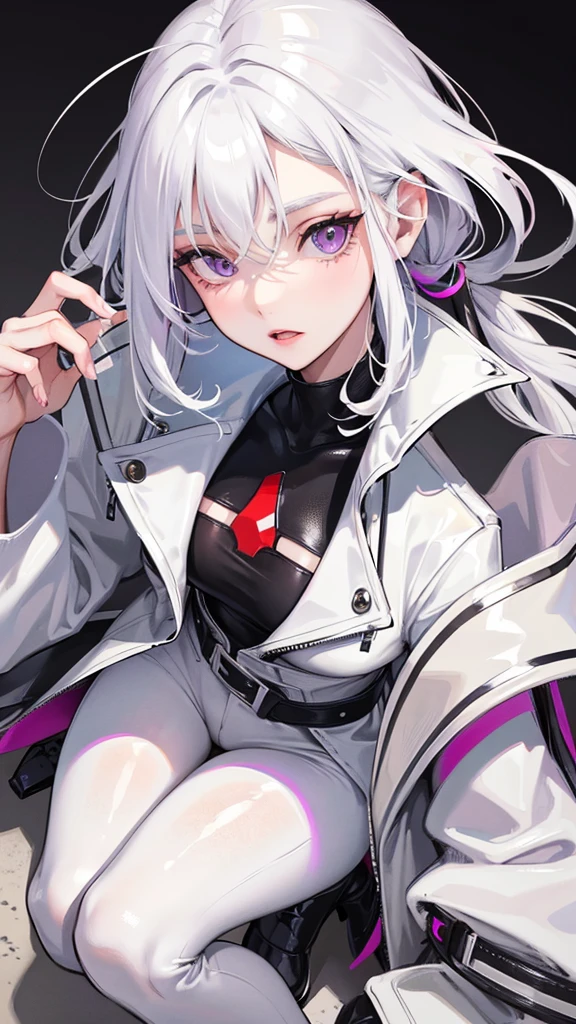 She is half french and Swiss. She has a long   with white hair.She has purple eyes, and she has an oval face, which is beautiful .She has a nice body with soft skin. 
Shy faces, wear white shirt , teenage , Streets style,long black leather pants,black jackets 
