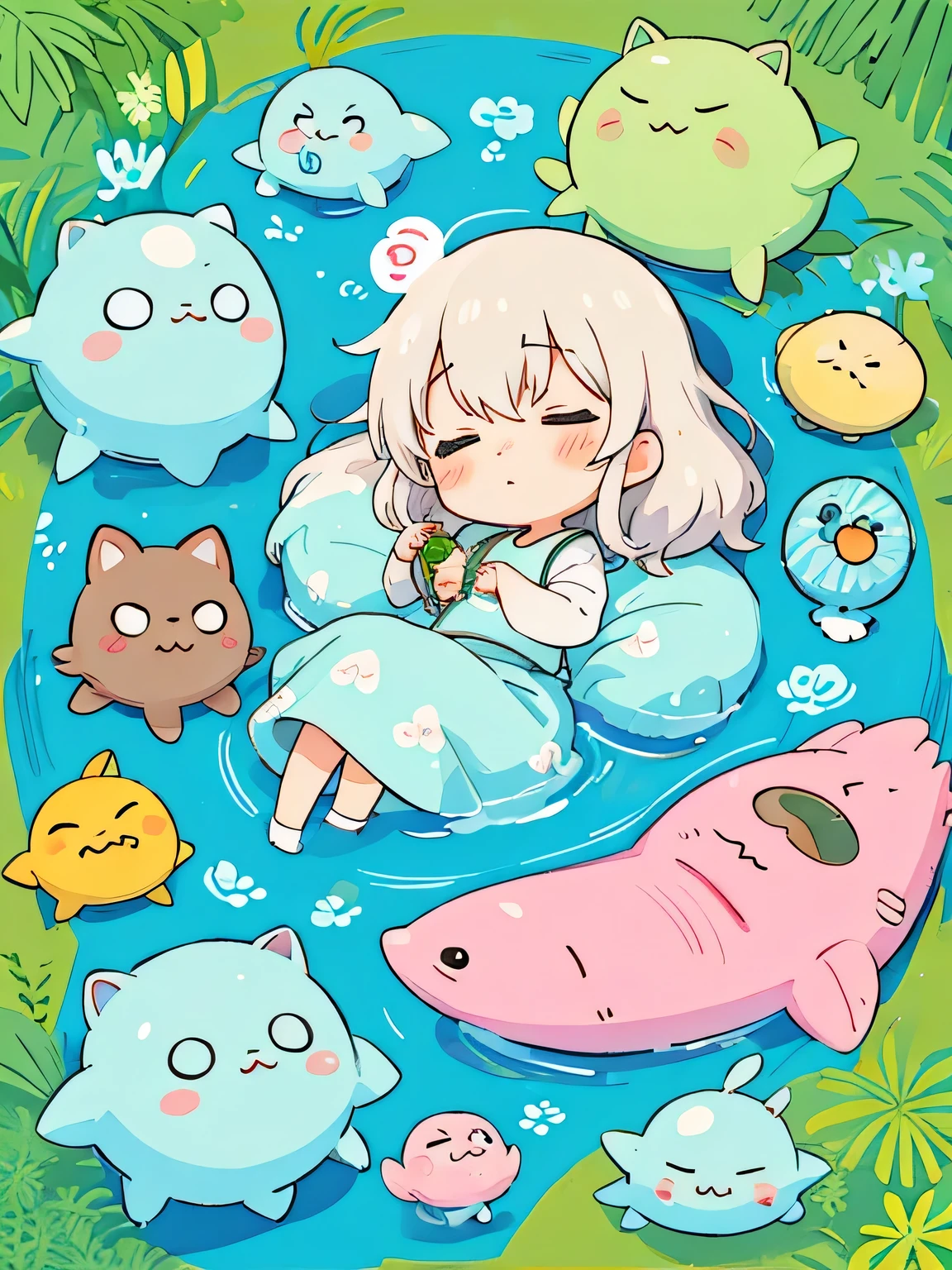 Hayao Miyazaki style、Kawaii Design, The most beautiful girl of all time、chibi, Cute and colorful amoeba, nap, トトロの森
