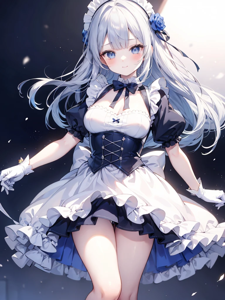 best quality,masterpiece,detailed face, uncensored, 1girl, solo focus, smile, blush, solo, full body, standing, dark blue hair, long hair,low tied hair, forehead, blue eyes, maid, maid headdress, dark blue dress, puffy sleeves, elbow gloves, white gloves, apron, long skirt, dark blue skirt, white thighhighs,Masterpiece, Top Quality Anime Illustration, Super Detail, One Girl, Solo, Beautiful Girl with Silver Hair, Anime , maid dress,Smile,(white background),((charming))、perfect proportions, cute woman, baby face, BREAK source_anime, high detail, looking at viewer,POV, large chest, best quality, highly detailed, young face,Droopy eyes,relaxed face,