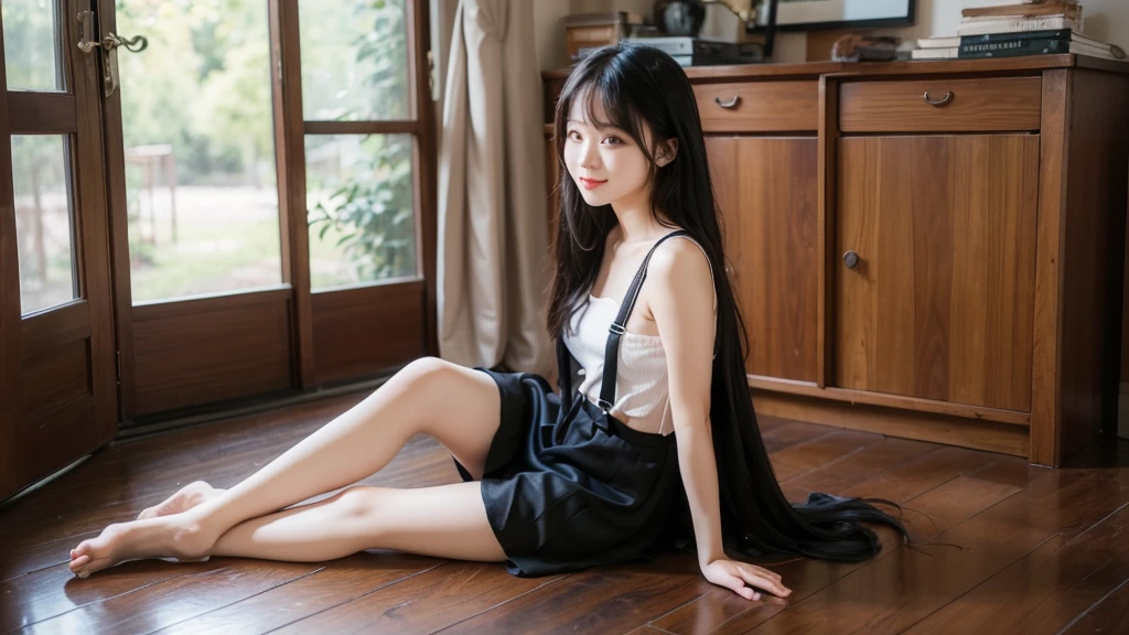 Black silk with letters,sit on the floor,Barefoot,Black suspenders,JK Skirt,long hair,Cute sister,nature,Sexy,Have a positive face,full-body shot