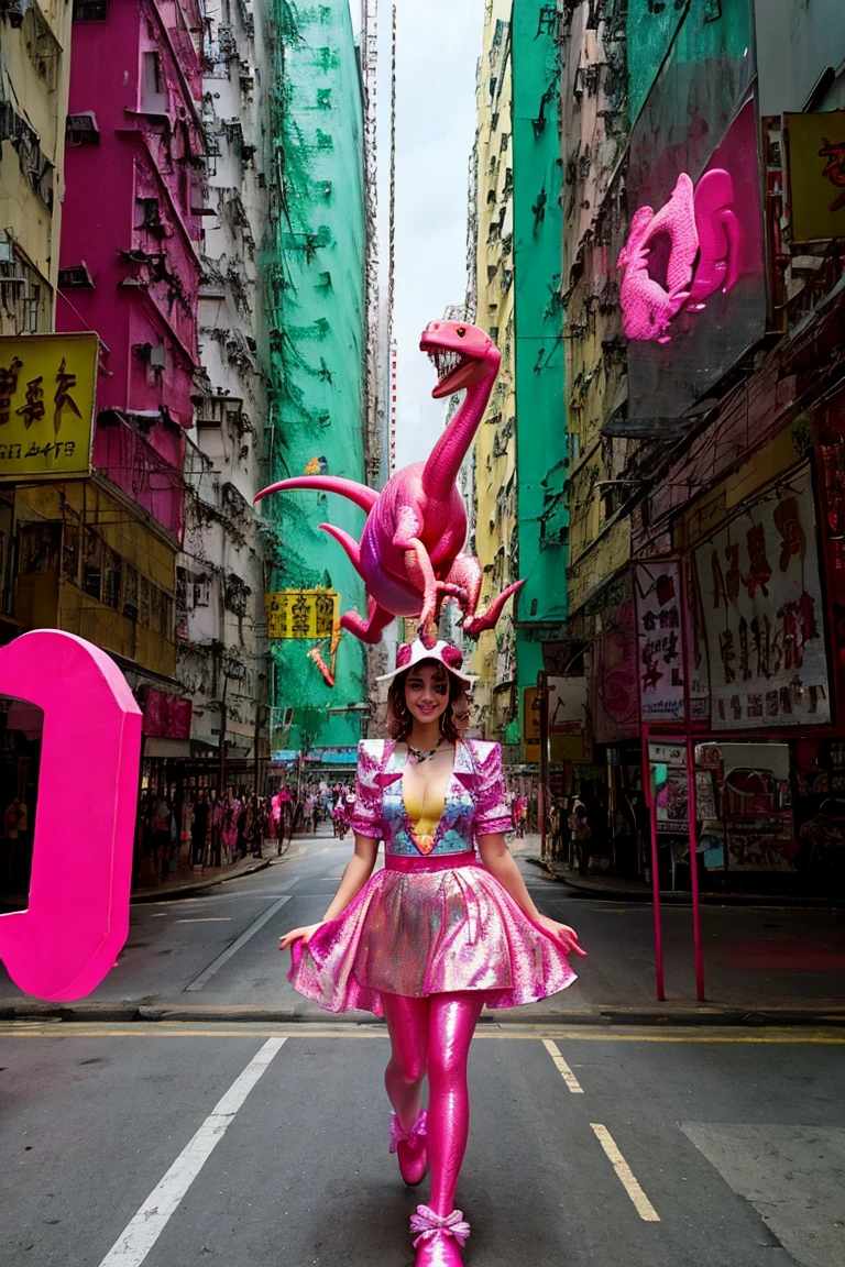 hong kong, day, (Awkward,blush :1.3),Alafi girls take photos in colorful clothes, y 2 k cutecore crowncore, Lovely Decora Rainbow Core, Lovely high quality rendering, Candy Girl, Deco, Unreal Engine : : Carnival Makeup, Working Girl, raver girl, Carnival Costumes, Glitch Punk Girl, soda themed girl, Lively and cheerful, 80s pin-up style, Hong kong, (((pink dinosaur walking on the street)))