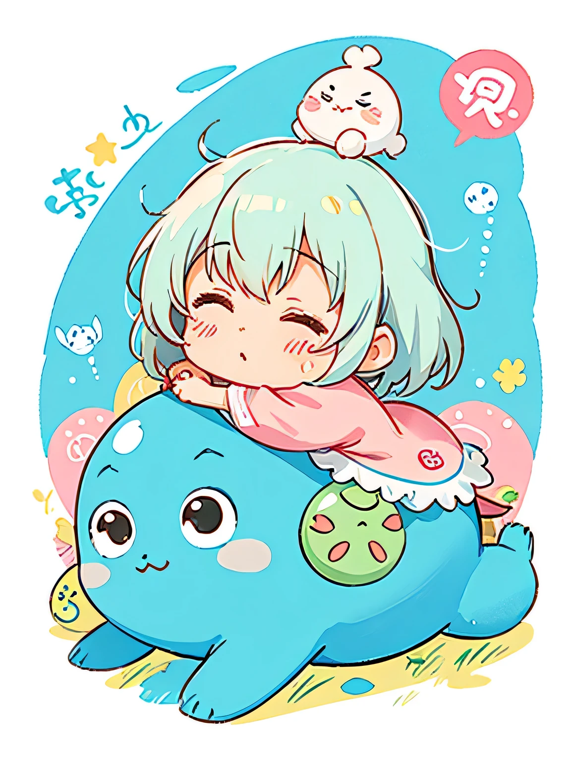 Hayao Miyazaki style、Kawaii Design, The most beautiful girl of all time、chibi, Cute and colorful amoeba, nap, トトロの森