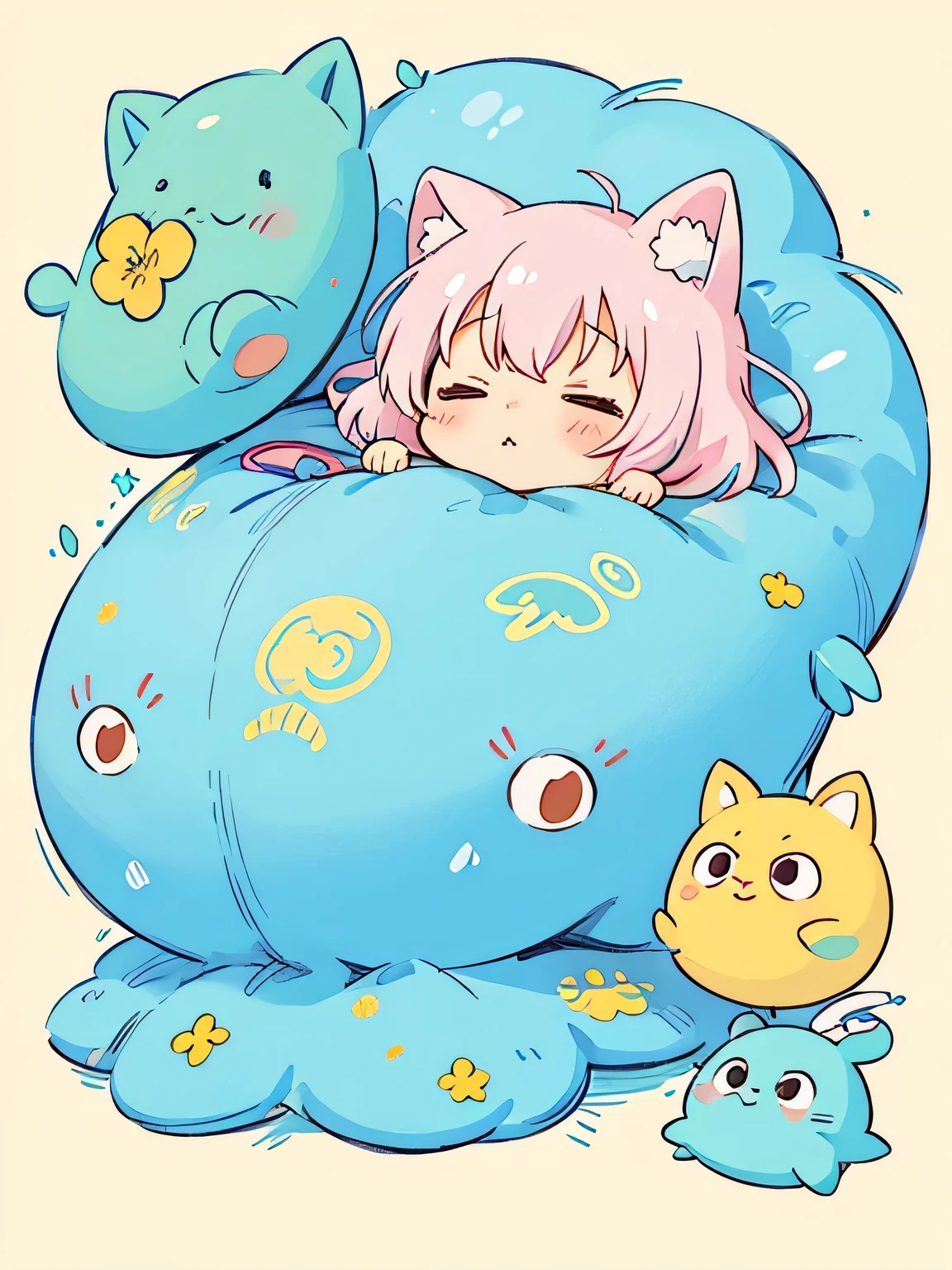 Hayao Miyazaki style、Kawaii Design, The most beautiful girl of all time、chibi, Cute and colorful amoeba, nap, トトロの森