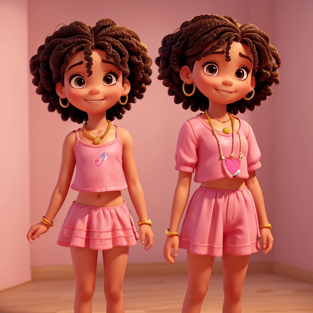 •Age: • Body type: Skinny and short, and light brunette • Hair: Short afro with several braids in the hair with pink elastics at the end • Eyes: Castanhos escuros, torn up, with long eyelashes Mouth: thin upper lip and thicker lower lip smiling • Accessories: Small gold hoops, necklace with a pink heart and bracelets • Nose: Flat • Style: Disney Pixar making a cake