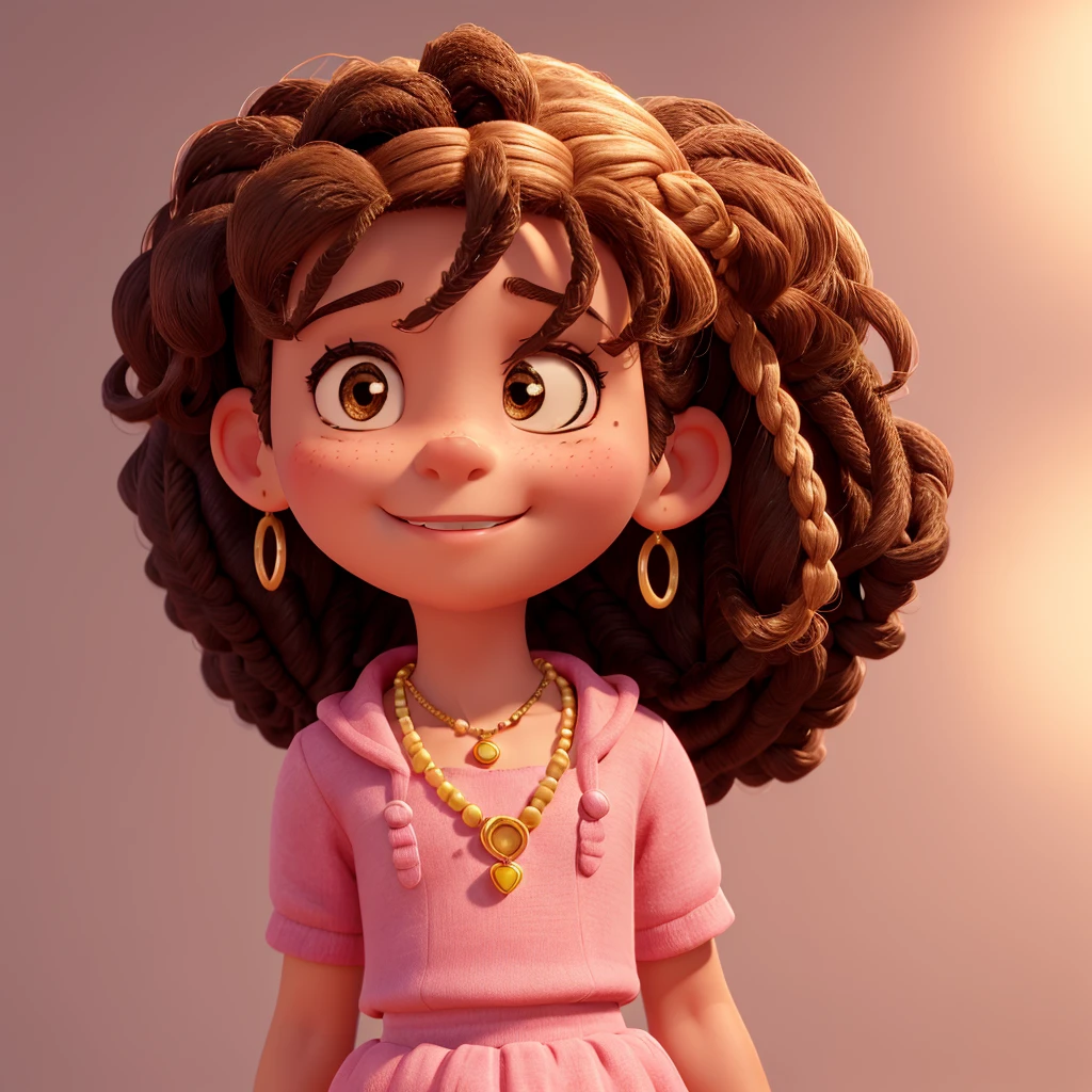 
	•Age: 3  • Body type: Skinny and short, and light brunette • Hair: Short afro with several braids in the hair with pink elastics at the end • Eyes: Castanhos escuros, torn up, with long eyelashes Mouth: thin upper lip and thicker lower lip smiling • Accessories: Small gold hoops, necklace with a pink heart and bracelets • Nose: Flat • Style: Disney Pixar making a cake 