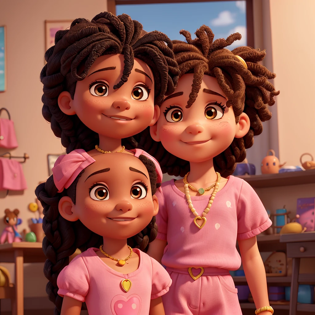 •Age: 3 years old • Body type: Skinny and short, and light brunette • Hair: Short afro wit? several braids in the hair with pink elastics at the end • Eyes: Castanhos escuros, torn up, with long eyelashes Mouth: thin upper lip and thicker lower lip smiling • Accessories: Small gold hoops, necklace with a pink heart and bracelets • Nose: Flat • Style: Disney Pixar making a cake