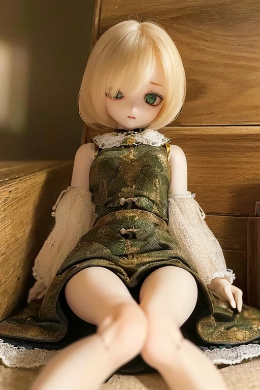 photorealistic, realistic photo, ((highest quality)), ((masterpiece)), (extremely detailed), kukolnydom, doll, (mature woman:1.6), solo, ((eye level shot)), sitting on crate, green eyes, parted lips, (looking down, blank eyes, empty eyes, detailed eyes:1.3), dress, warehouse, 8k
