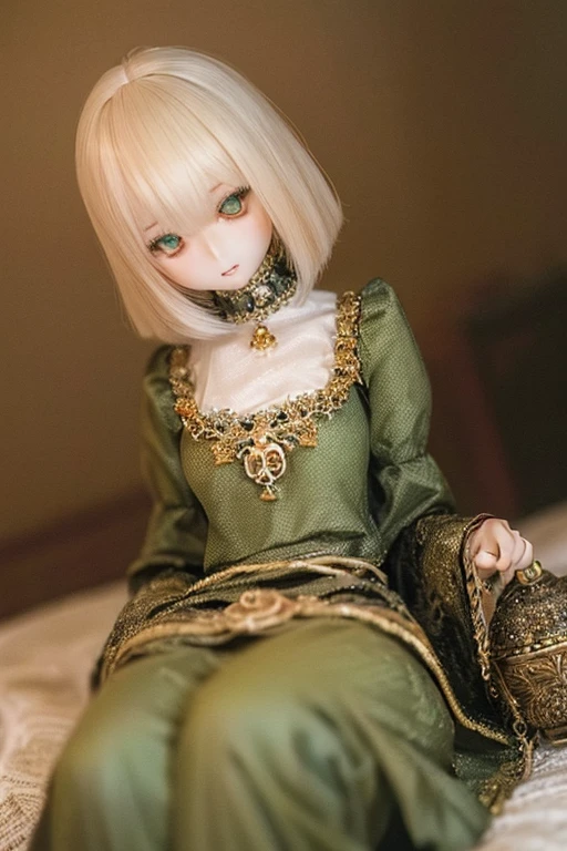 photorealistic, realistic photo, ((highest quality)), ((masterpiece)), (extremely detailed), kukolnydom, doll, (mature woman:1.6), solo, ((eye level shot)), sitting on crate, green eyes, parted lips, (looking down, blank eyes, empty eyes, detailed eyes:1.3), dress, warehouse, 8k