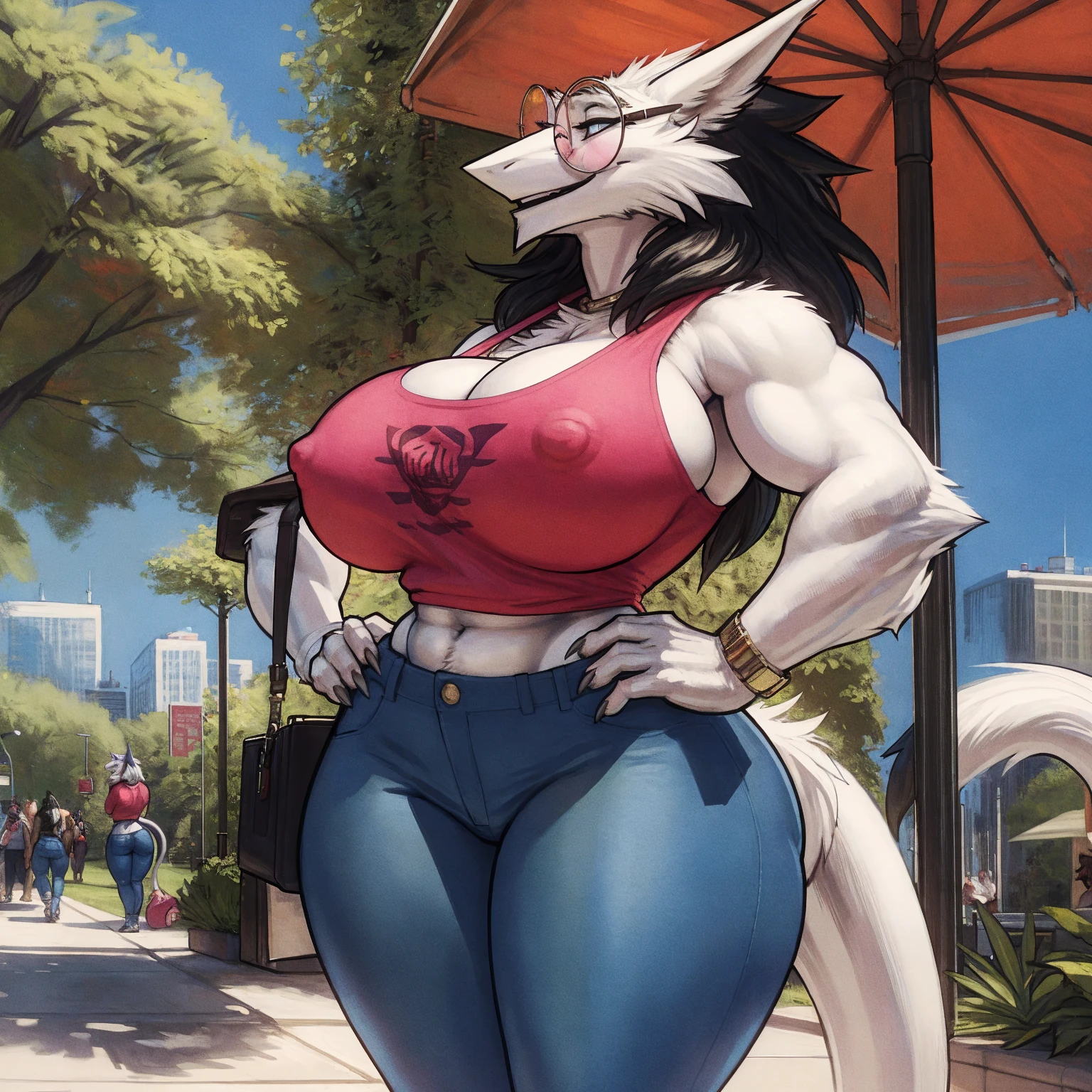 by darkgem, by duase, by BNG, by sligarthetiger, sergal, anthro, female, (white fur:1.3), black hair, (round glasses:1.2), round_eyewear, older woman, furry body, wide body, wide hips, thick thighs, big arms, (huge breasts:1.1), heavy breasts, nipple outline, highly detailed eyes, milf, tank top, bare midriff, cleavage, large areolae, blue jeans, lowrise jeans, bare midriff, visible thong straps, Masterpiece, best quality, absurd res, highly detailed, cleanly drawn eyes, park environment, cute smile, standing upright, casual posture, buff, hands on hips,
