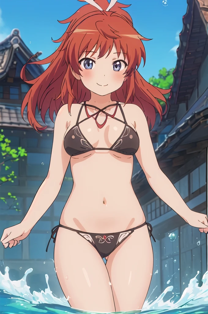 (highly detailed CG illustration), (masterpiece), (best quality), (ultra detailed), (illustration), (1female), standing, Fashion model, (detailed background), (ultra detailed body), (beautiful detailed body), (highly detailed body), beautiful detailed eyes, delicate beautiful face, Floating,(high saturation),(colorful splashes),colorful bubble,(shining), focus on face, floating flowers, floating hairs, (shining), best lighting, best shadow, 1female solo, solo, full body, (highly detailed CG illustration), blue_eyes, blush, brown_hair, bangs, long_hair, closed_mouth, ponytail, ribbon, hair_ribbon, red_hair, koshigaya_natsumi_nonnonbiyori, very seductive pose, very cute smile, (anime style), (highly detailed black sexy bikini), (beautiful detailed underwear), (ultra detailed underwear), (highly detailed underwear), (highly detailed petite body), (beautiful detailed body), (ultra detailed body)