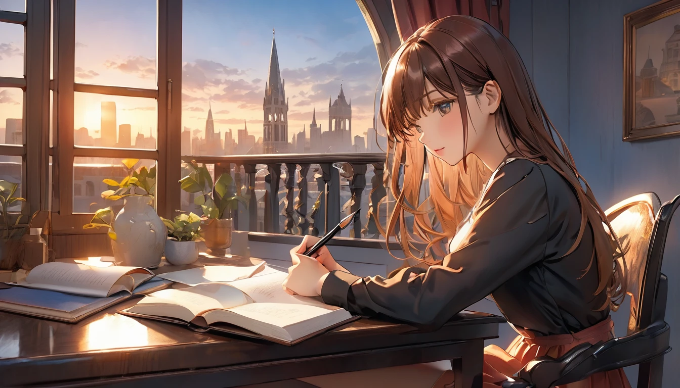 superior, figure, Tabletop, Highest quality, figure, wallpaper, throw, (Realistic: 1.5), Realistic, Octane Rendering, 超Realisticな, Highest quality, (8K), (4K), Very long hair, (Tabletop), (Highest quality), Fantasy, Very detailed, Complex, Ultra-detailed, (Perfect Face), Soft lighting (非常にComplex照明: 1.4) indoor, comfortable, comfortable, window, Chair, sunset, desk work, Book on the table, 18:00, Cityscape outside the window,  writer, Book, Work with Workbooks, テーブルのsuperiorにたくさんのBook, Writing with a pen, One Girl, alone, Year: 30, alone, Thick Hair, Straight hair, Black shirt and brown hair, Long sleeve