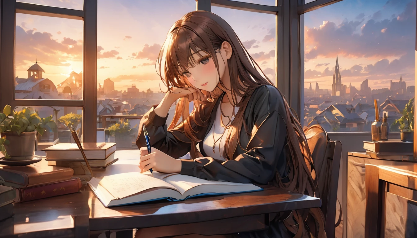 superior, figure, Tabletop, Highest quality, figure, wallpaper, throw, (Realistic: 1.5), Realistic, Octane Rendering, 超Realisticな, Highest quality, (8K), (4K), Very long hair, (Tabletop), (Highest quality), Fantasy, Very detailed, Complex, Ultra-detailed, (Perfect Face), Soft lighting (非常にComplex照明: 1.4) indoor, comfortable, comfortable, window, Chair, sunset, desk work, Book on the table, 18:00, Cityscape outside the window,  writer, Book, Work with Workbooks, テーブルのsuperiorにたくさんのBook, Writing with a pen, One Girl, alone, Year: 30, alone, Thick Hair, Straight hair, Black shirt and brown hair, Long sleeve