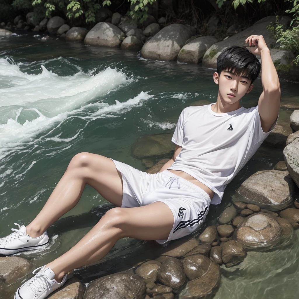 clothes: Wearing a white t-shirt, skinny, white volleyball shorts,bigger Phallus. shoes: wearing black shoes. situation: Handsome korea young man  as Is lying down  in the river with clothes soaked in river water . (Full body shot) 