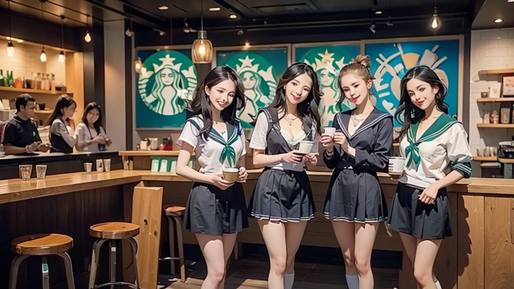 8K、RAW Photos、Highest quality、Super detailed、Super Resolution、Ultra HD、8K壁紙、Amazing details
(((Inside the Starbucks store、16 year old high school girl in sailor suit)))、Eat cake、Drink coffee、smile、Heart Necklace((Emphasize cleavage))
(Full body photo)