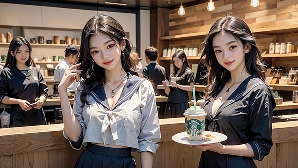 8K、RAW Photos、Highest quality、Super detailed、Super Resolution、Ultra HD、8K壁紙、Amazing details
(((Inside the Starbucks store、 high school girl in sailor suit)))、Eat cake、Drink coffee、smile、Heart Necklace((Emphasize cleavage))
(Full body photo)
