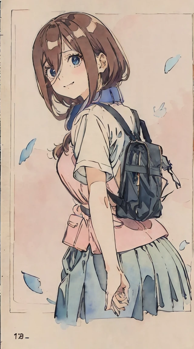 school classrooms、Watercolor style、Pale colors、hand painted style,  student、hi-school girl、School route、carrying a schoolbag、Walking Girl Japan、posterior view、Looks Back、high-school uniform、A smile、frontage、The upper part of the body、pink red Brown hair、short-hair、cowboy  shot, miku nakano