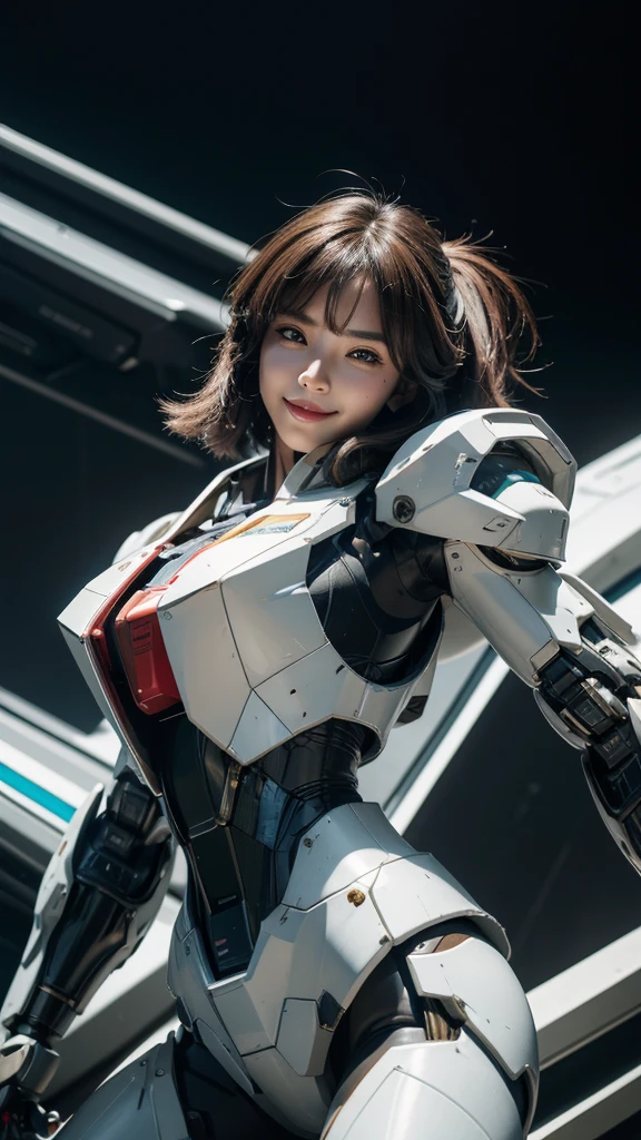 Textured skin, Super Detail, high details, High quality, Best Quality, hight resolution, 1080p, hard disk, Beautiful,(Gundam),Beautiful Smile,beautiful cyborg woman,Mecha Cyborg Girl,Battle Mode,Girl with a Mecha Body,She wears a futuristic Gundam mecha,Fulll body Shot