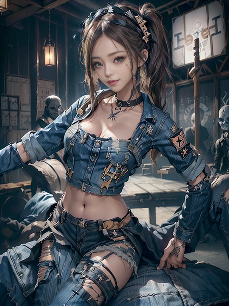 (Full Body View:1.3)、(Beautiful lips and nose:1.4)、(Long eyelashes:1.4)、(Side view:1.1)、(Smiling with teeth showing:1.3),(Shibuya Gal:1.5)、(Gothic Lolita delicately decorated dress:1.5)、(Tattered denim and black punk rock cargo pants:1.5)、(Denim and white skull mark small jacket:1.4)、(denim garter belt:1.5)、(Black and denim knee socks:1.3)、(Skull Silver Accessories:1.5)、(Denim collar:1.3)、(Brown Skin Belt:1.4)、(Brown boots:1.2)、(The underwear is striped:1.4)、31 years old、((Highest quality、In 8K、masterpiece:1.3))、Sharp focus:1.2、(Layered Cut、Huge boobs:1.1),Beautiful woman with perfect figure:1.4、(Dancing vigorously:1.3)、Slender Abs:1.2、Highly detailed face and skin texture、Detailed eyes、double eyelid,(Twin tails:1.3)、(Brown-golden hair:1.3)、Gravure idol、(The background is a gorgeous celestial temple:1.3)、(Slim body:1.2),(Make your legs thinner:1.4),(clavicle:1.1)
