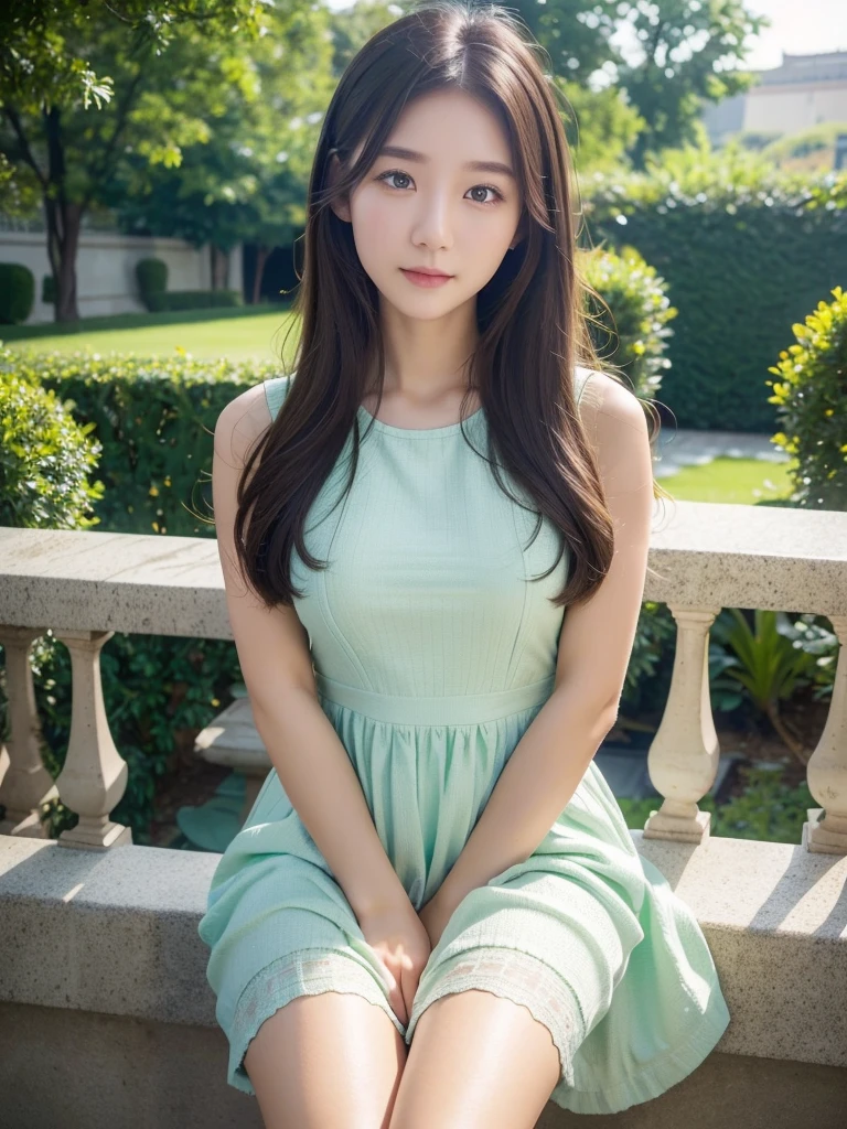 Whiteish Mint Dress、(Highest quality)、((Very detailed))、4K、(8K)、masterpiece、Very detailedな、Highest quality、Super Resolution、1 person、Kind Face、Soft Light、RAW quality、Soft Skin、163cm、Garden Terrace、Thighs