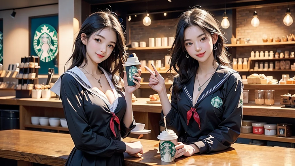 8K、RAW Photos、Highest quality、Super detailed、Super Resolution、Ultra HD、8K壁紙、Amazing details
(((Inside the Starbucks store、 high school girl in sailor suit)))、Eat cake、Drink coffee、smile、Heart Necklace((Emphasize cleavage))
(Full body photo)
