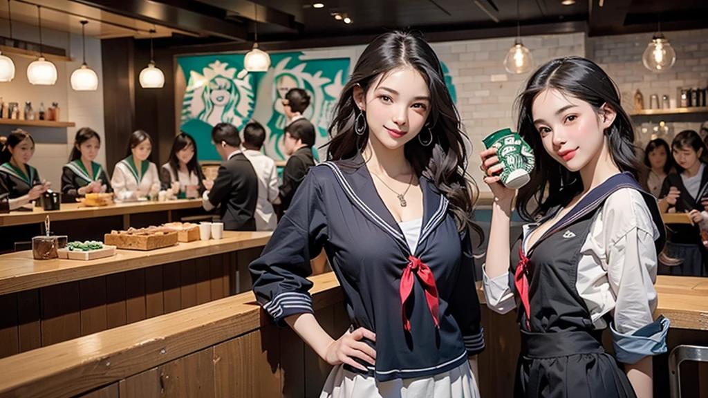 8K、RAW Photos、Highest quality、Super detailed、Super Resolution、Ultra HD、8K壁紙、Amazing details
(((Inside the Starbucks store、16 year old high school girl in sailor suit)))、Eat cake、Drink coffee、smile、Heart Necklace((Emphasize cleavage))
(Full body photo)
