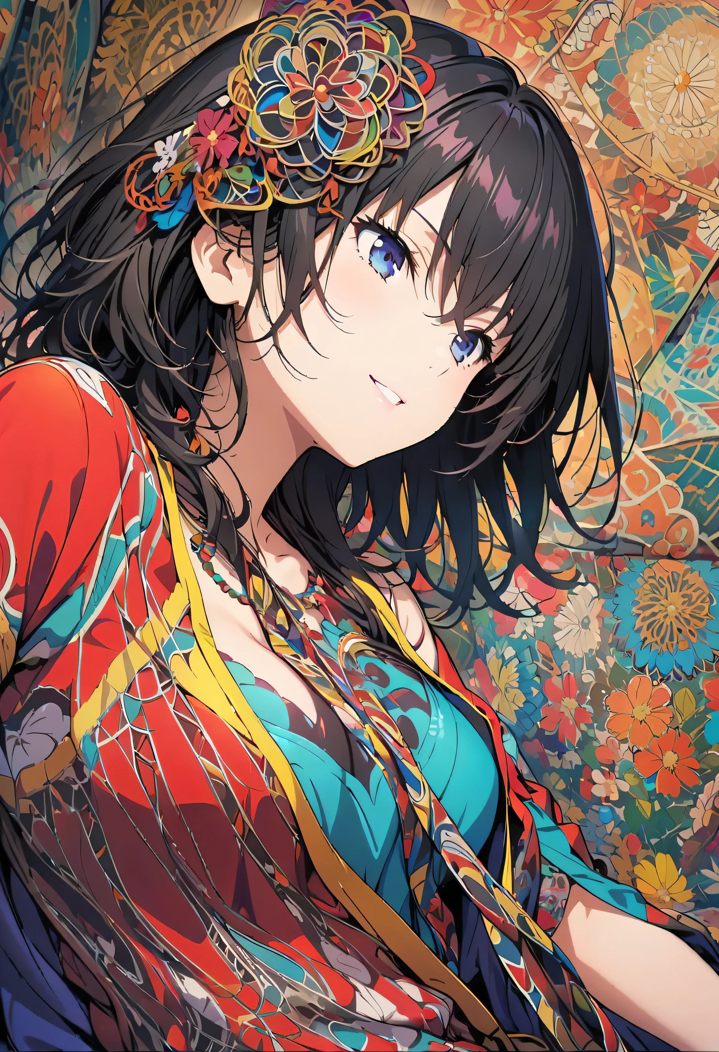 Official Art, wallpaper, Very detailed, (((Very detailedな目と顔))), masterpiece, Highest quality, (ZenTangle, Mandala, Tangle, EnTangle), Complex clothing, Very detailed, Dynamic Angle, The most beautiful form of chaos, elegant, Vibrant colors, Romantic Chinese Flowers, 24-years-old, Breaking Smiling Amidst the Colorful Scenes, Whole body shot, pastel colour