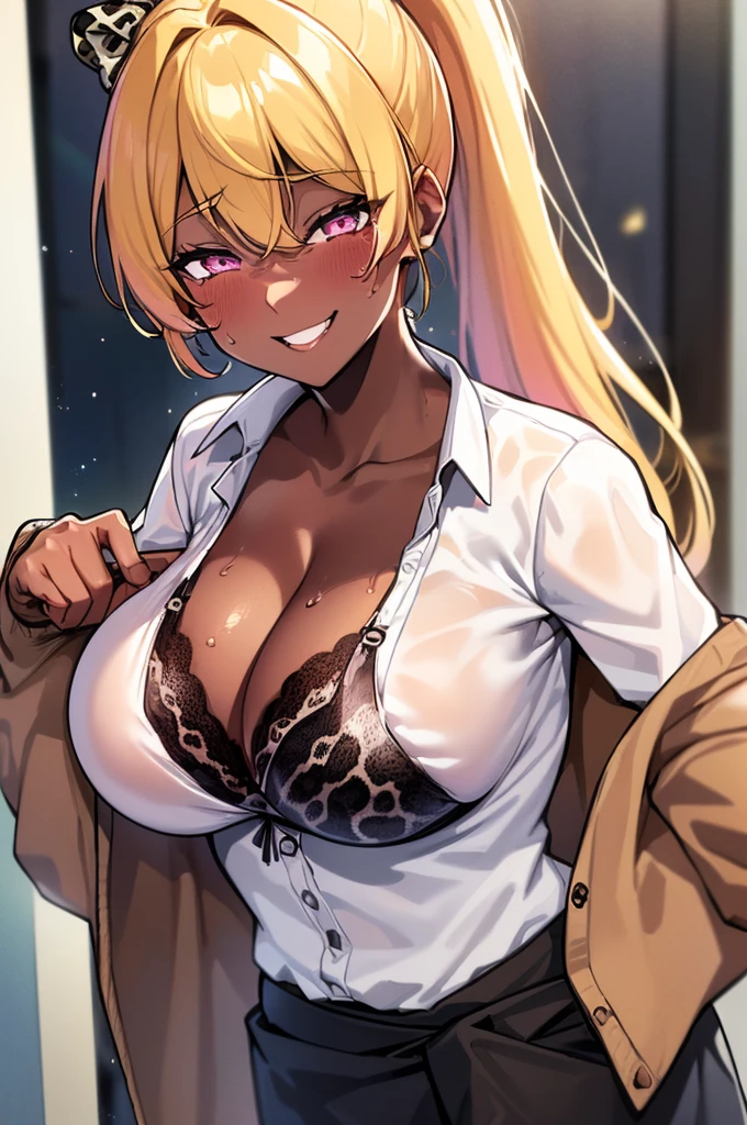 {masterpiece, distinct_image, extremely detailed CG, beautiful eyes and detailed face,realistic, photo realistic, 4k, 8k, high_resolution,perfect_finger, (beautiful_detailed_eyes:1.3), glitter, white_light, (glow_white_face, front_light:1.3), summer_light{1girl, face_focus,cowboy_shot, looking for_in_viewer, standing, (Perfect V-sign pose:1.6) },{adult, curvy, (huge_breasts, wide_hip:1.3), navel, skinny_stomach,tight_gap, groin (white_Y-shirt, black_short_skirt, cleavage, {The most perfectly hidden leopard print bra in a white shirt:1.7), (brown Cardigan tied around the waist: 1.6), red necktie, (tanning_skin, black_skin:1.6), white collar:1.5), (yellow_hair, pink_eyes, long_hair, ponytail:1.3), hime_cut, (half closed eyes, smiling face:1.3), sweat, school hallway background}