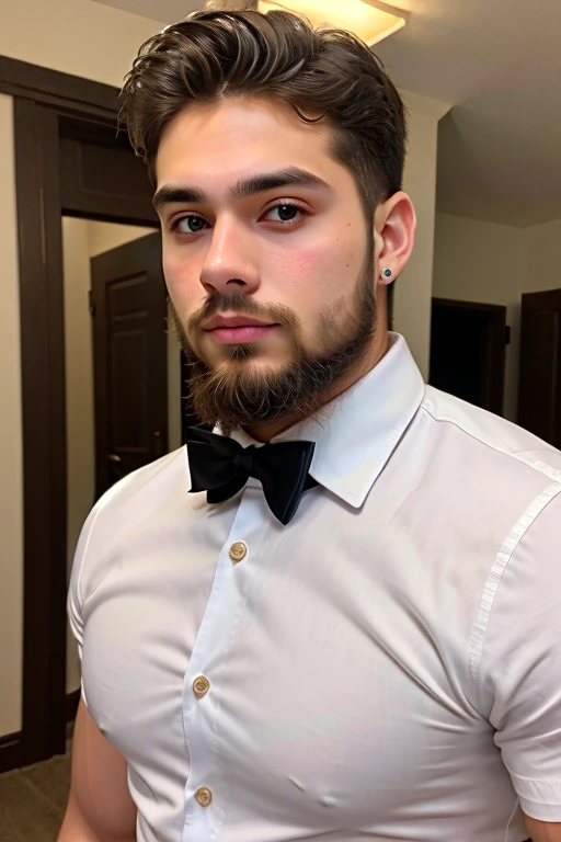 ((best quality)), ((masterpiece)), (detailed), handsome
24 years old boy with beard and muscular body, wearing white shirt with black formals