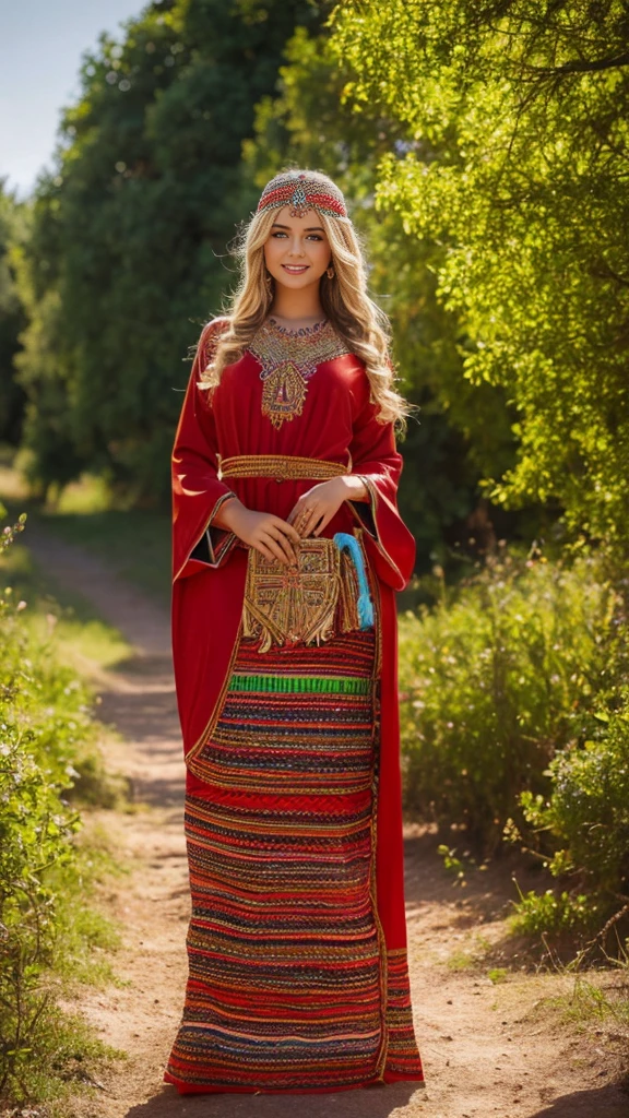 beautifull hot german blonde, robe kabyle, berber, amazigh dress, kabyledress, tizi ouzou, berber outfil, kabylegirl, bijoux, beautifull nature background, full body, realistic, red robes