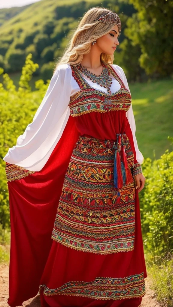 beautifull hot german blonde, robe kabyle, berber, amazigh dress, kabyledress, tizi ouzou, berber outfil, kabylegirl, bijoux, beautifull nature background, full body, realistic, red robes