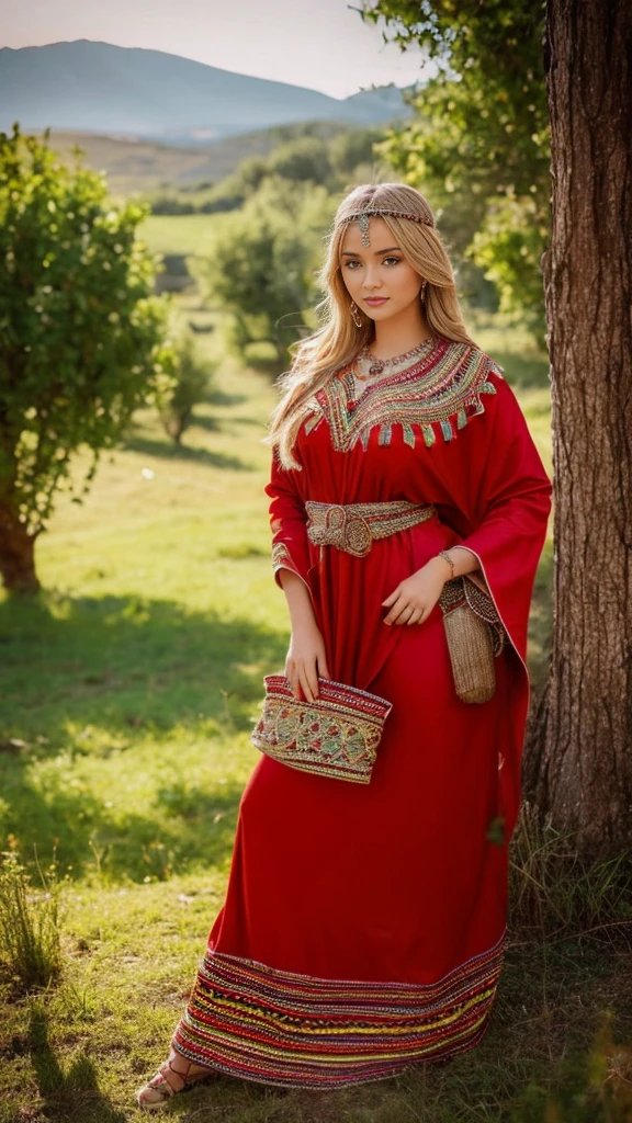 beautifull hot german blonde, robe kabyle, berber, amazigh dress, kabyledress, tizi ouzou, berber outfil, kabylegirl, bijoux, beautifull nature background, full body, realistic, red robes