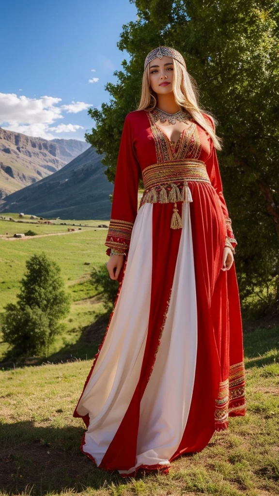 beautifull hot german blonde, robe kabyle, berber, amazigh dress, kabyledress, tizi ouzou, berber outfil, kabylegirl, bijoux, beautifull nature background, full body, realistic, red robes