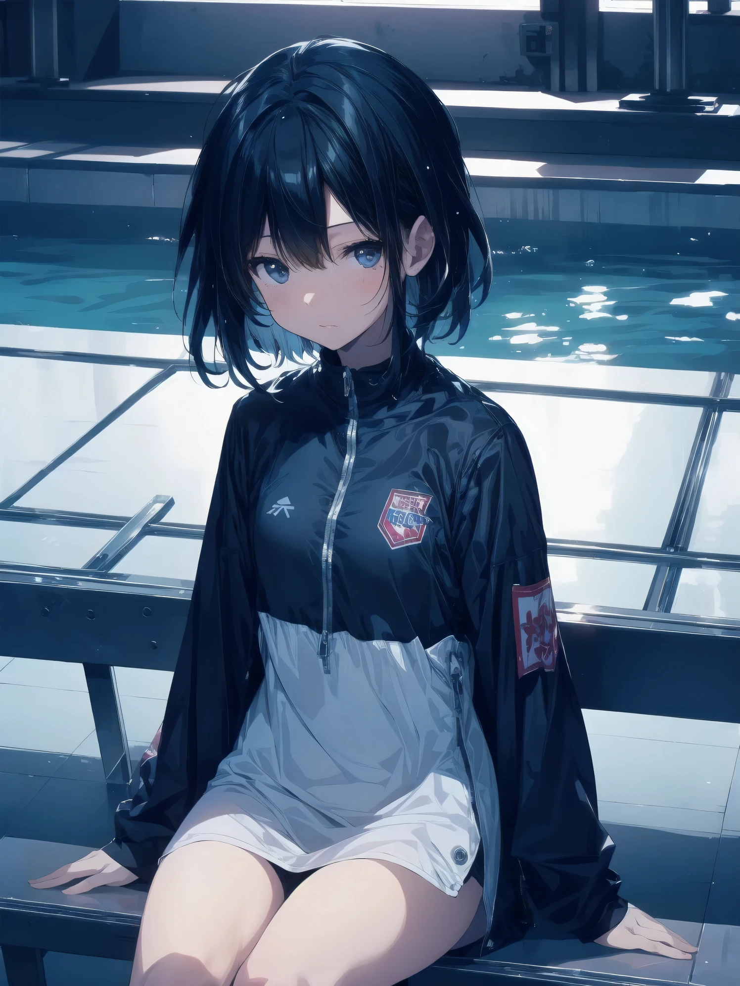ultra-Top-quality by art God, ultra-detailed, high resolution, shinkai makoto style, anime moe artstyle, best anime 8k konachan wallpaper, pixiv contest winner, perfect anatomy, break,(Please draw a picture of a girl in a swimsuit sitting sleepily on a bench by the poolside alone.),break, a hyperrealistic school girl, (Solo,ta, kid, 13-year-old:1.3),Full limbs, complete fingers,a junior high school student, androgynous charm, (very short hair), wet hair, small round chest,slender body, Small butt, groin, Small black eyes,hanme,beautiful detailed eyes, well-proportioned iris and pupils, sleepy eyes, highres detailed hair, wearing wet swimsuit,in the school pool. break,super detailed skin, shiny skin, Best lighting powered by famous artist, 8k, illustration,UHD, textured skin,break,((artist:sincos )), artist:clamp ,artist:carnelian ,artist:kantoku ,