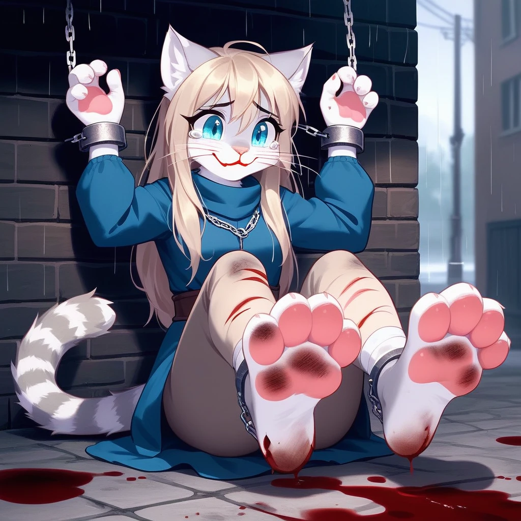 (hi res), ((masterpiece)) , ((best quality)),Solo, score_9,score_8_up,score_7_up, source_furry, Kat, Anthro furry feline girl, tall body, hourglass figure, adult female, blue eyes, silver fur, blonde hair with pony tail, (striped tail), white whiskers, pink nose, wearing simple blue long sleeve tunic, light brown fitted pants, barefoot, (feet paws), (4 toes), pink paw pads, foot focus, Her face was covered with tears,Have tears in her eyes，looking at viewers, looking uncomfortable, eyes half closed, outdoors, rainy day, spread feet apart, cute dainty feet，(The two feet paws are connected with chains between them),(there are many chains),The chains fastened her hands and feet paws ，(feet chains focus)，She's chained to a wall., she is chained on neck and feet,(very dirty feet)，((bloody scars are only on her feet)),((no blood on her face )),(Fetters were placed on her feet)，(Fetters and feet focused)，(show the fetters),Hands chained to the wall,feet chained to the wall,She looks happy,She waved hands at viewers,