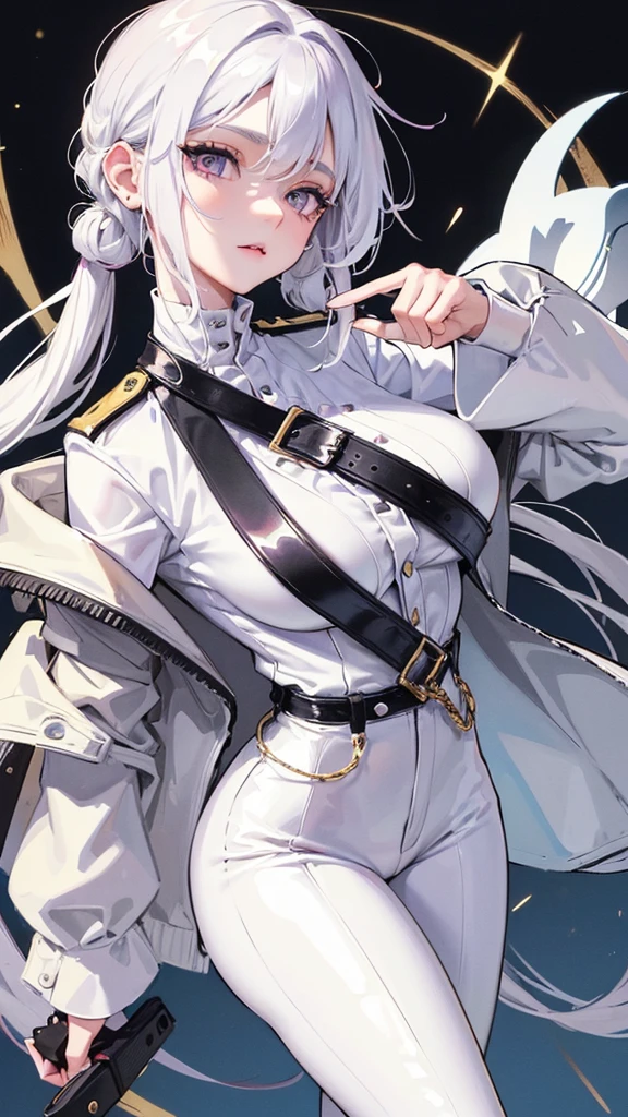 She is half french and Swiss. She has a long   with white hair.She has purple eyes, and she has an oval face, which is beautiful .She has a nice body with soft skin. 
Shy faces, wear white shirt , teenage , Streets style,long black leather pants,black jackets 