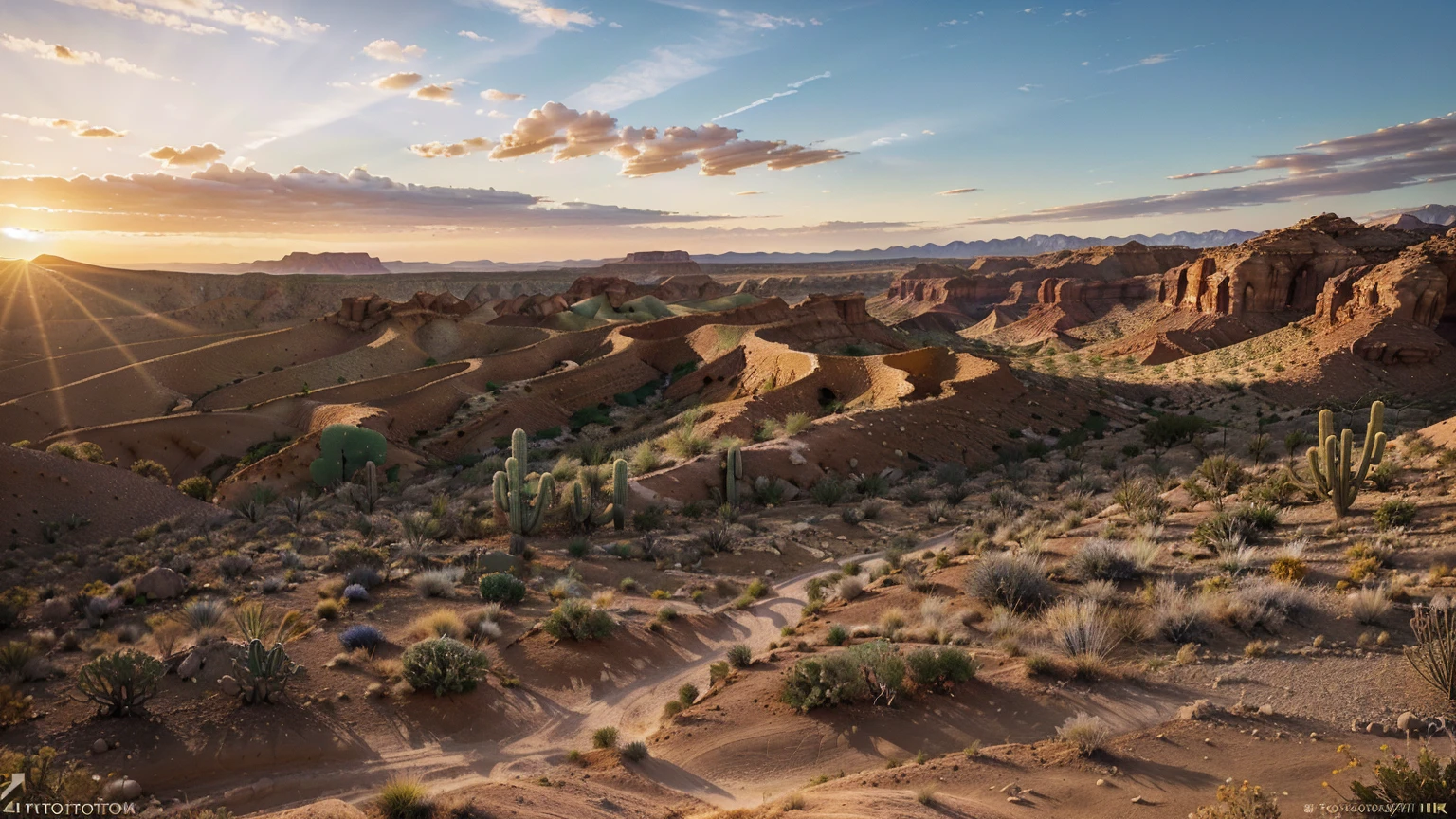 (create an ultra-high definition, hyper-realistic, highly detailed, high-quality image, sharp focus, professional lighting, vivid colors, warm tones and intricate details, representing in detail a desert background, golden sunset, reeds, stones, sand, grasses, bushes, distributed across terrain, desert plants, cacti, xerophytic vegetation, setting sun, canyons, rocks, meticulously capturing every intricate detail). Fujifilm XT3 sharp focus, professional lighting, vivid colors, intricate details, film grain, Fujifilm XT3 realistic painting art, f5.6, physically-based rendering, natural lighting, cinematic lighting ,dramatic lighting, professional, dynamic movement, colorful lighting, vibrant colors, studio lighting, professional photography, cinematic composition, symmetrical framing, landscape, Utilize state-of-the-art deep learning models and adjust parameters according to quality metrics such as Structural Similarity (SSIM) and Perceptual Loss to create an image that is indistinguishable from a real, high-quality photograph, (best quality,4k,8k,16k,Highest,masterpiece:1.2),(realistic,photorealistic,photo-realistic:1.37), (extremely detailed CG unit, 16k wallpaper), 16k UHD, 16k HDR,(ultra-high definition, hyper-realistic, highly detailed, high-quality image, sharp focus, professional lighting, vivid colors and intricate details),