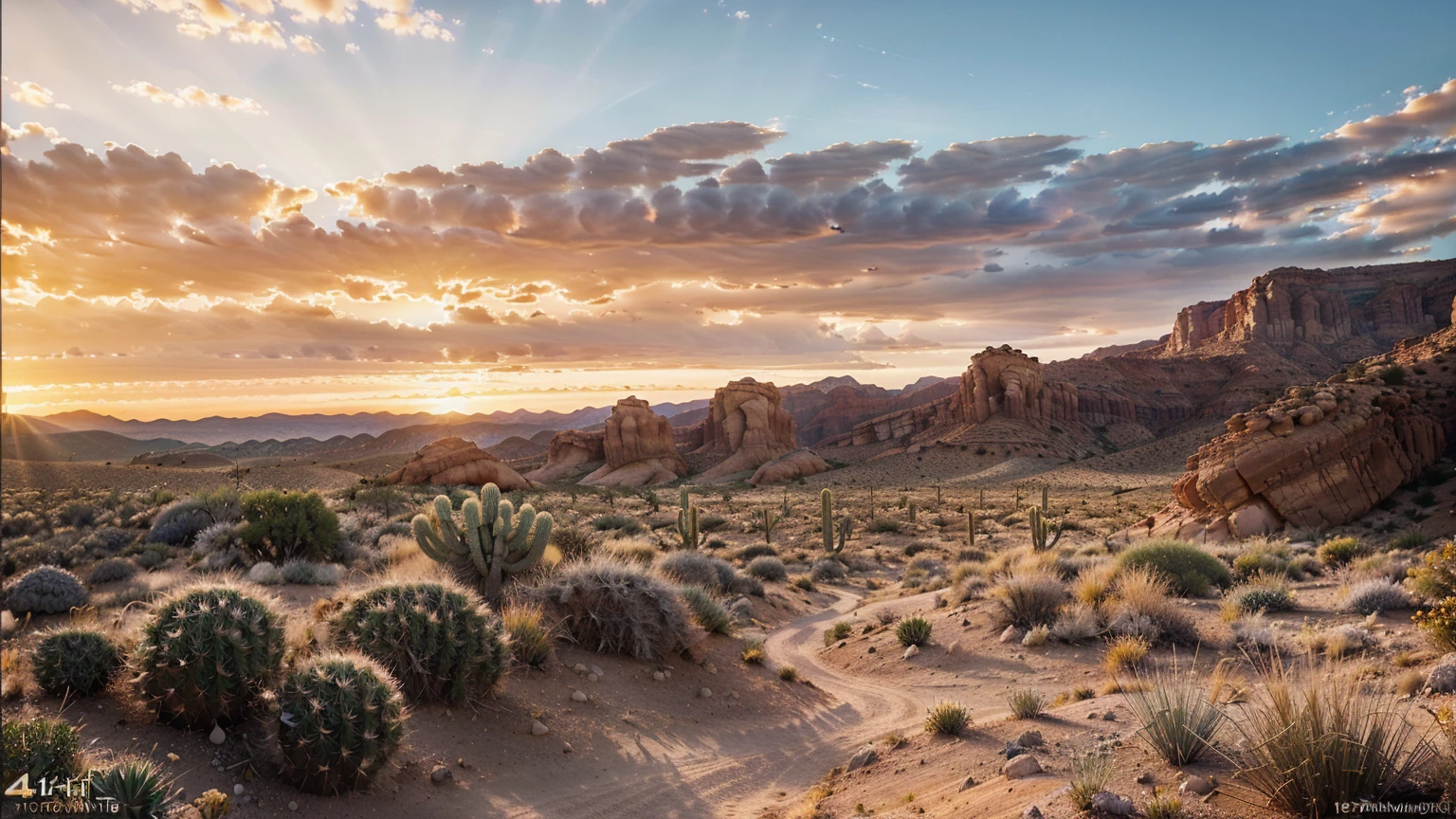 (create an ultra-high definition, hyper-realistic, highly detailed, high-quality image, sharp focus, professional lighting, vivid colors, warm tones and intricate details, representing in detail a desert background, golden sunset, reeds, stones, sand, grasses, bushes, distributed across terrain, desert plants, cacti, xerophytic vegetation, setting sun, canyons, rocks, meticulously capturing every intricate detail). Fujifilm XT3 sharp focus, professional lighting, vivid colors, intricate details, film grain, Fujifilm XT3 realistic painting art, f5.6, physically-based rendering, natural lighting, cinematic lighting ,dramatic lighting, professional, dynamic movement, colorful lighting, vibrant colors, studio lighting, professional photography, cinematic composition, symmetrical framing, landscape, Utilize state-of-the-art deep learning models and adjust parameters according to quality metrics such as Structural Similarity (SSIM) and Perceptual Loss to create an image that is indistinguishable from a real, high-quality photograph, (best quality,4k,8k,16k,Highest,masterpiece:1.2),(realistic,photorealistic,photo-realistic:1.37), (extremely detailed CG unit, 16k wallpaper), 16k UHD, 16k HDR,(ultra-high definition, hyper-realistic, highly detailed, high-quality image, sharp focus, professional lighting, vivid colors and intricate details),