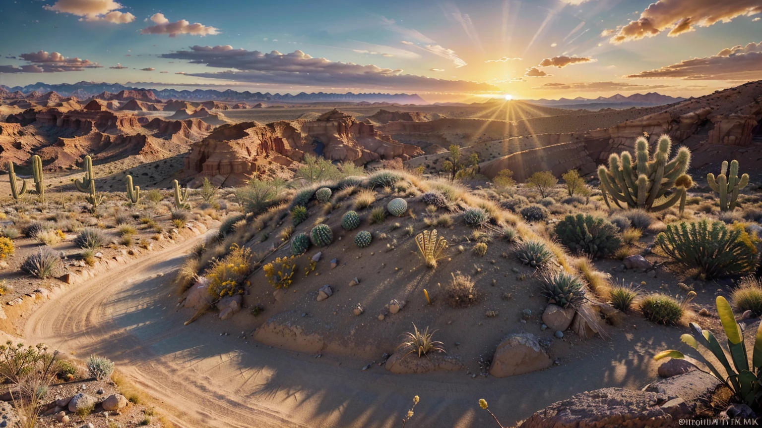 (create an ultra-high definition, hyper-realistic, highly detailed, high-quality image, sharp focus, professional lighting, vivid colors, warm tones and intricate details, representing in detail a desert background, golden sunset, reeds, stones, sand, grasses, bushes, distributed across terrain, desert plants, cacti, xerophytic vegetation, setting sun, canyons, rocks, meticulously capturing every intricate detail). Fujifilm XT3 sharp focus, professional lighting, vivid colors, intricate details, film grain, Fujifilm XT3 realistic painting art, f5.6, physically-based rendering, natural lighting, cinematic lighting ,dramatic lighting, professional, dynamic movement, colorful lighting, vibrant colors, studio lighting, professional photography, cinematic composition, symmetrical framing, landscape, Utilize state-of-the-art deep learning models and adjust parameters according to quality metrics such as Structural Similarity (SSIM) and Perceptual Loss to create an image that is indistinguishable from a real, high-quality photograph, (best quality,4k,8k,16k,Highest,masterpiece:1.2),(realistic,photorealistic,photo-realistic:1.37), (extremely detailed CG unit, 16k wallpaper), 16k UHD, 16k HDR,(ultra-high definition, hyper-realistic, highly detailed, high-quality image, sharp focus, professional lighting, vivid colors and intricate details),