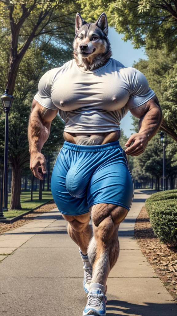 tail, dog, husky, muscular, jogging, fluffy fur, tall, giant, (((big bulge))), (((big pecs))), (((small waist))), (((wide ))), (((big ))), handsome, t-shirt, park, smile, (((realistic, 8k, ultra details, masterpiece)))