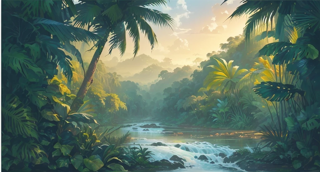 there is a painting of a river in the jungle, . background: jungle river, beautiful jungle landscape, jungle landscape, snake river in the jungle, tropical landscape, background jungle, the background is lush jungle, amazon rainforest background, beautiful jungle, jungle background, wet lush jungle landscape, an abstract tropical landscape, jungle nature, the jungle at the background, forest and river