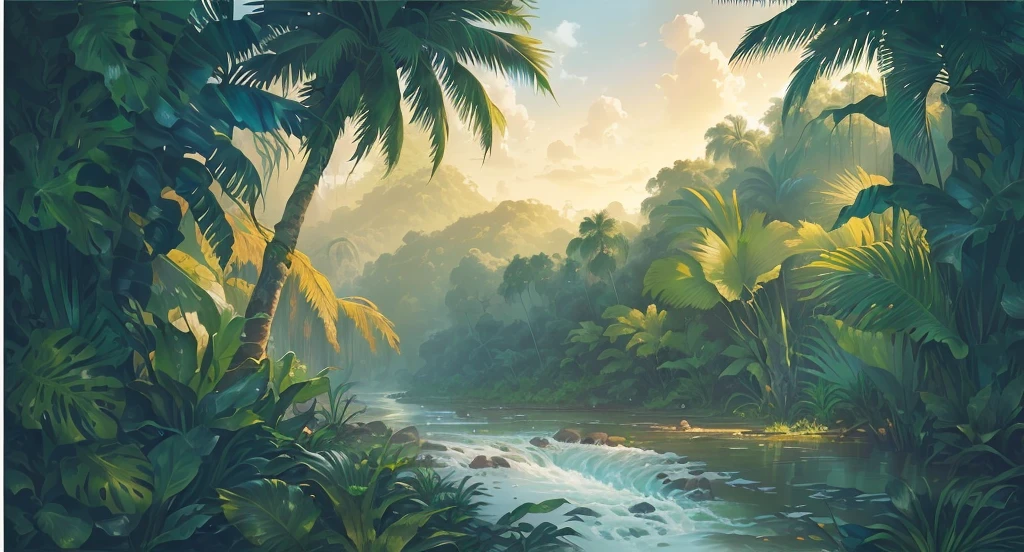 there is a painting of a river in the jungle, . background: jungle river, beautiful jungle landscape, jungle landscape, snake river in the jungle, tropical landscape, background jungle, the background is lush jungle, amazon rainforest background, beautiful jungle, jungle background, wet lush jungle landscape, an abstract tropical landscape, jungle nature, the jungle at the background, forest and river