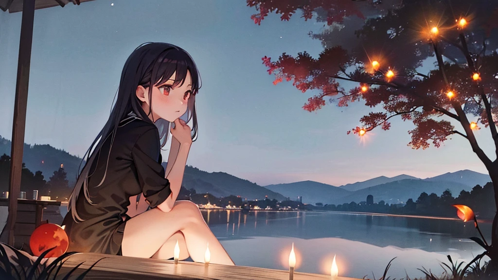 medium distrance shot of a girl sit near a lake, with red moon, fireflies all over, ethereal atmosphere, cinematic lighting, award winner, masterpiece.