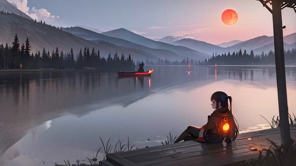 medium distrance shot of a girl sit near a lake, with red moon, fireflies all over, ethereal atmosphere, cinematic lighting, award winner, masterpiece.